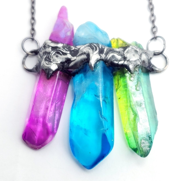 Handmade Jewelry - Rainbow aura quartz crystal necklace